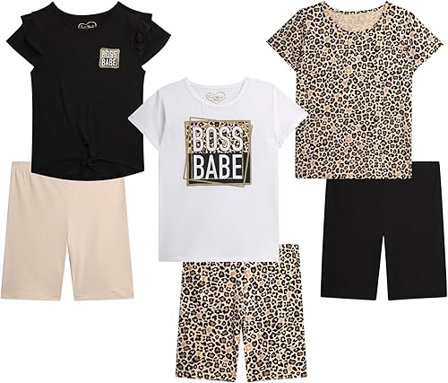 Dreamstar Girls Active Shorts Set - 6 Piece Fashion T-Shirts and Performance Bike Shorts - Summer Outfit for Girls (7-16)