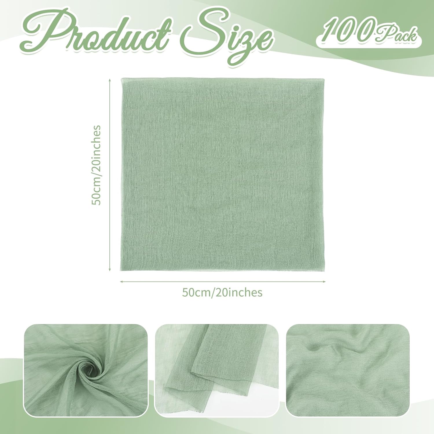 Sage Green Cheesecloth Napkins - Bulk Set of 100, 20x20 Inch Washable and Reusable Boho Cotton Gauze Cloth Napkins for Weddings, Bridal Girl Baby Shower, Party and Banquet
