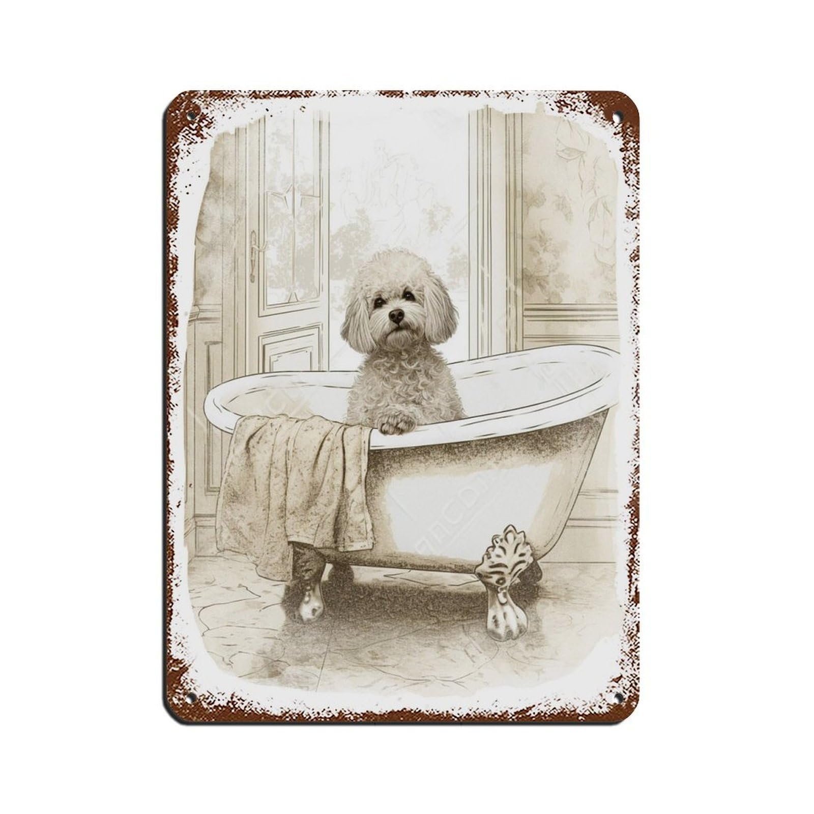 Bichon Frisé in Bath, Bathroom Art Tin Sign Vintage Metal Pub Club Cafe Bar Home Wall Art Decoration Poster Retro 12x16inch(30x40cm)
