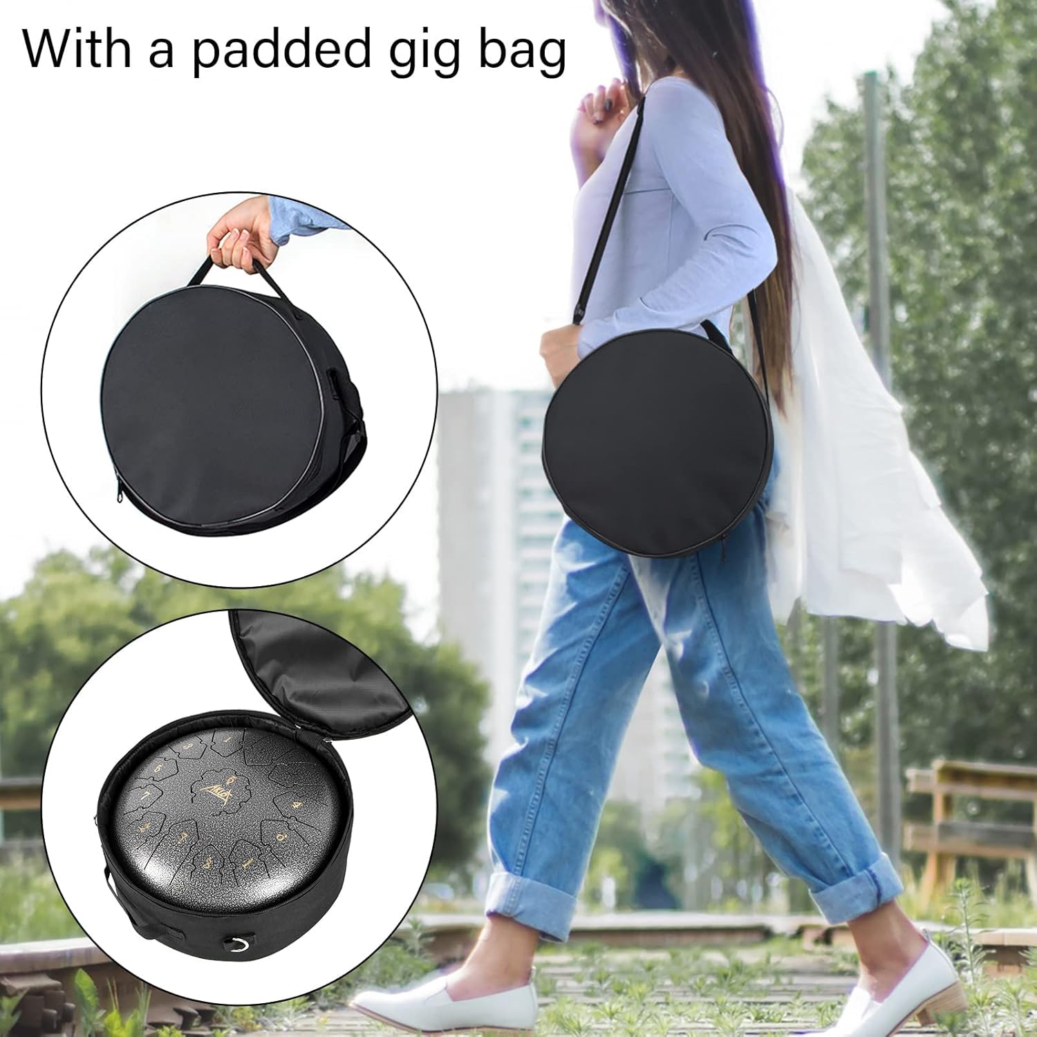 AKLOT Steel Tongue Drum stored inside its padded gig bag, with a person carrying it.