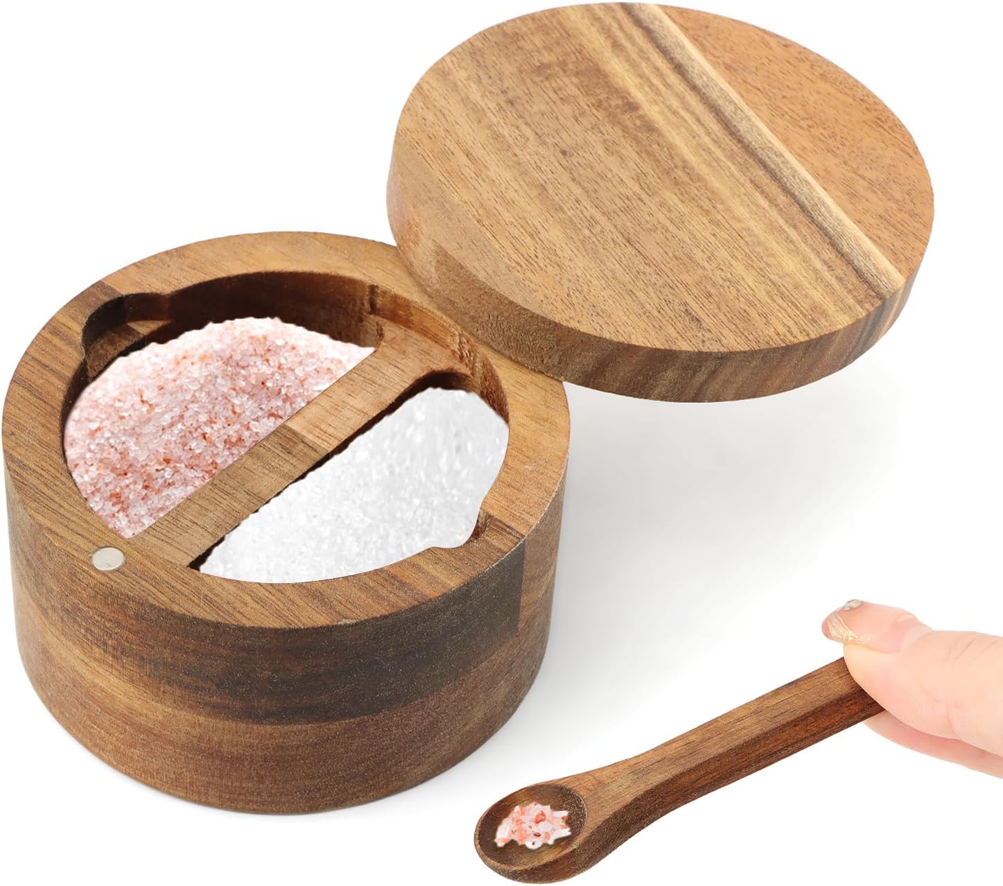 Saycker Wood Salt and Pepper Bowl, with Swivel Lid and Spoon Round Salt Container Spices Storage Box(4.06inchs)