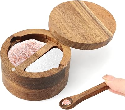 Saycker Wood Salt and Pepper Bowl, with Swivel Lid and Spoon Round Salt Container Spices Storage Box10.3cm/4.06inch Dia