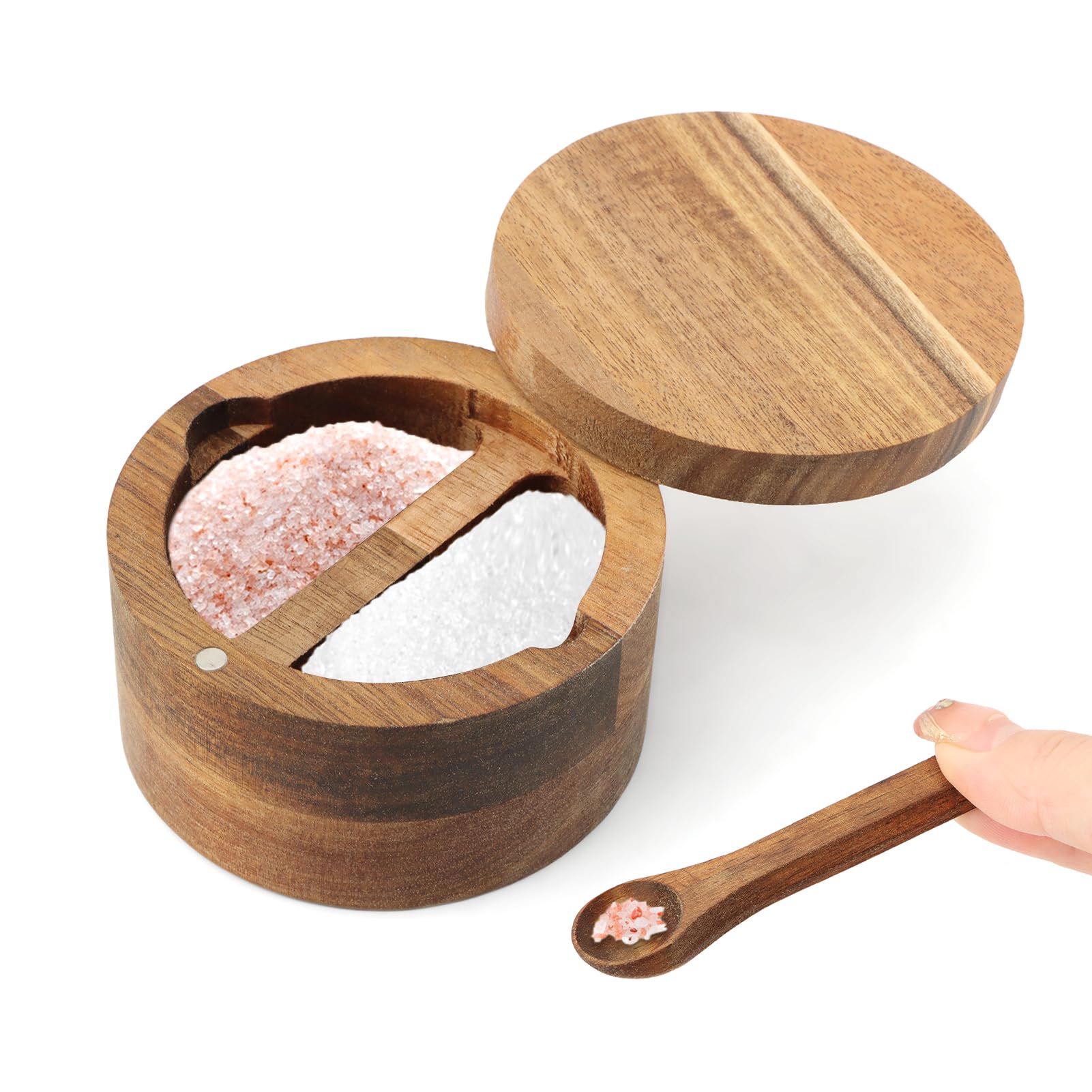 Cuenco de madera para sal y pimienta, con tapa giratoria y cuchara, contenedor redondo para sal y especias