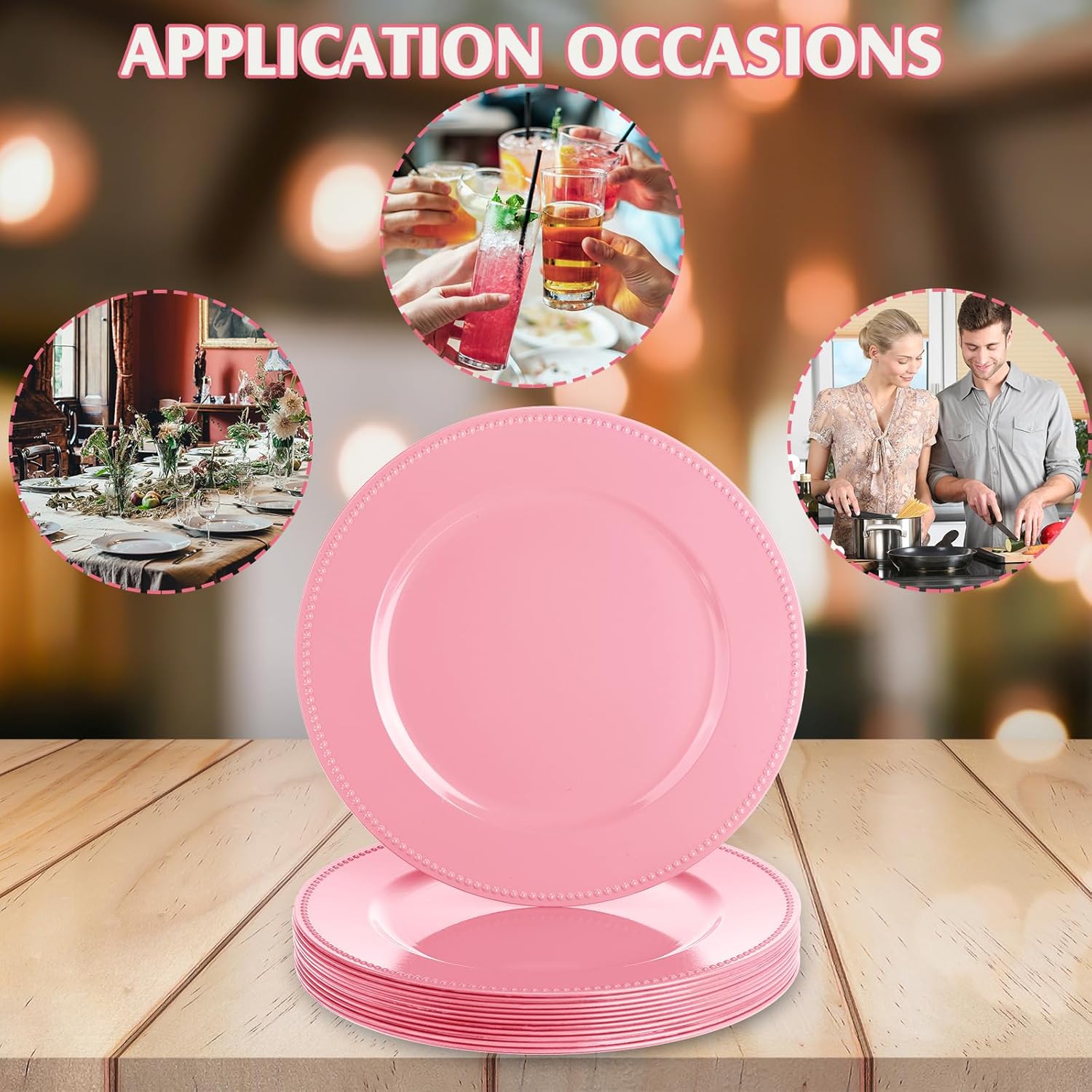 Gerrii 12 Pcs Metallic Bead Charger Plates 13 Inch Plastic Round Plates Bulk Wedding Beaded Chargers for Table Party Event Decoration(Pink,Beaded)