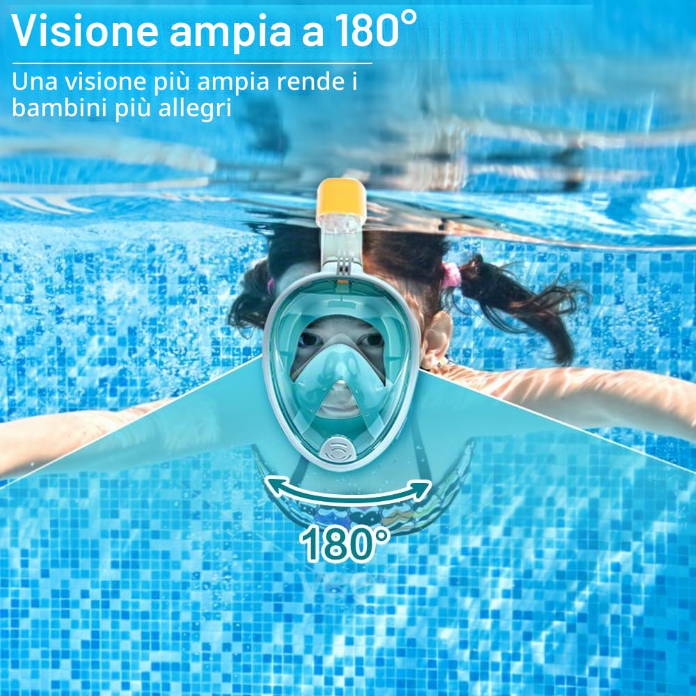 Maschera Snorkeling Bambini, Maschera Subacquea con Visuale Panoramica 180° Design Anti-Appannamento Anti-Infiltrazioni con Supporto di Action Cam per Il Nuoto e Le Immersioni, Verde