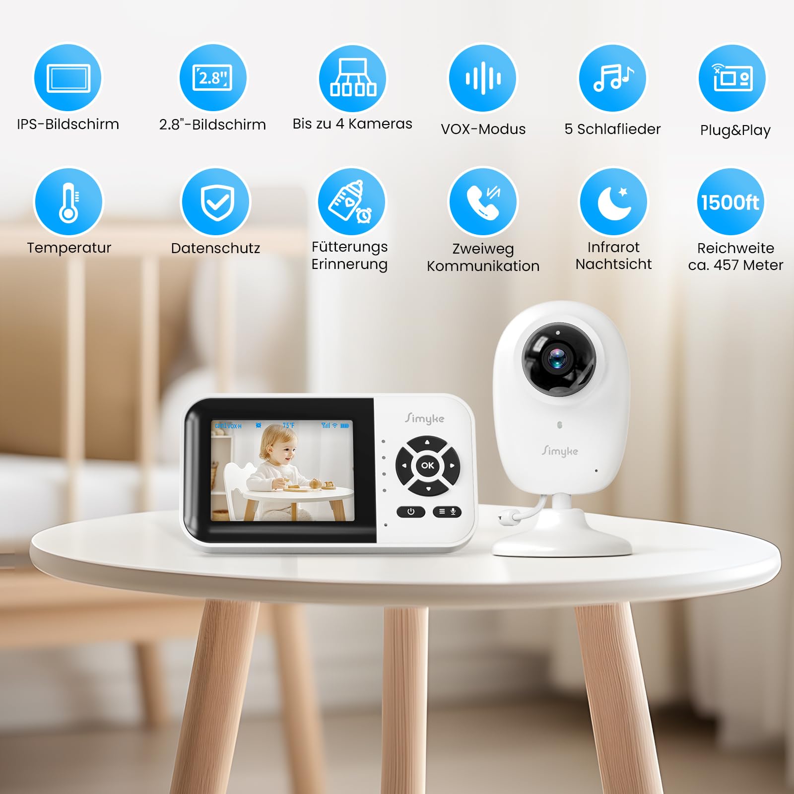 Generisch Simyke Babyphone, Dual-Modus Baby Monitor mit 1080p App & 2,8 Zoll Display, KI-Klang- und Bewegungserkennung, 10 Std. Streaming, 457 m Reichweite, Nachtsicht, Zwei-Wege-Kommunikation