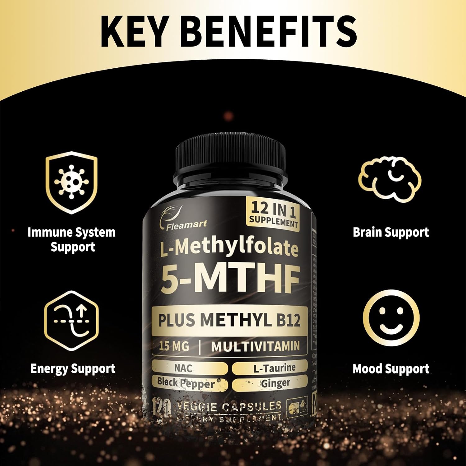 L Methylfolate 15mg Plus Methyl B12 Supplement Active 5-MTHF Form Made in USA, Third Party Tested (120 Vegan Capsules), 2 Packs
