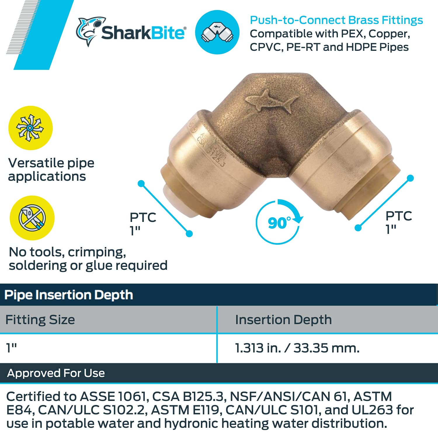Buy SharkBite 1 Inch 90 Degree Elbow, Push to Connect Brass Fitting