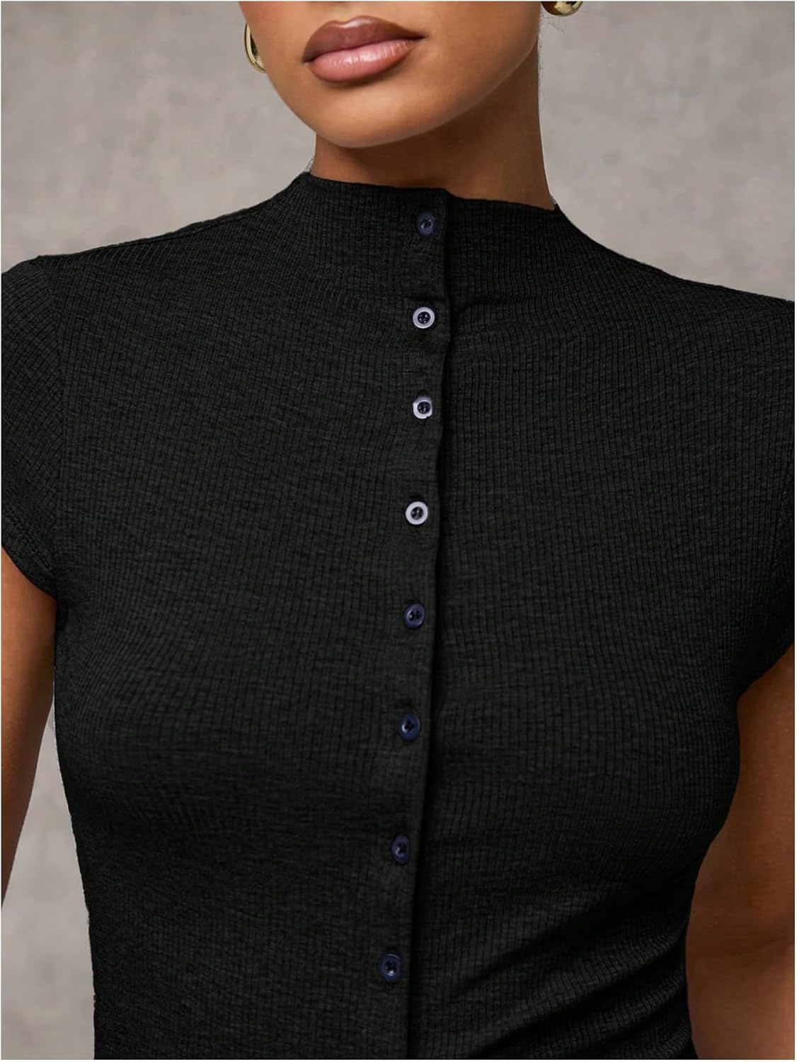 GORGLITTER Women's Button Up Ribbed Knit T Shirt Tight Fitted Short Sleeve Mock Neck Basic Tees Going Out Trendy 2025 - Image 4