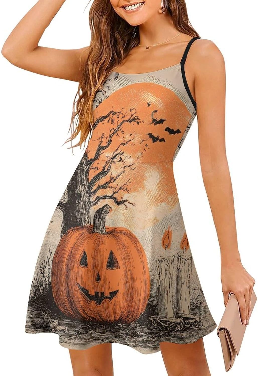Vintage Pump-kin Scene Halloween Short Cami Dress for Women Adjustable Spaghetti Strap Flowy Sundress Beach Vacation