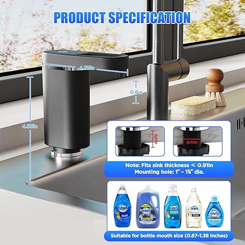 Miniatura 7 de Dispensador de jabón para platos para fregadero de cocina, fregadero de encimera dispensador integrado sin contacto, sistema de dispensación de