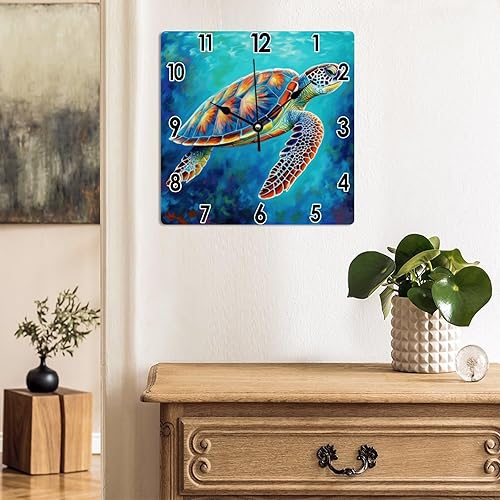 Miniatura 3 de Reloj de arte rústico de 10 x 10 pulgadas, para verano, playa, tortugas marinas, PVC, acuarela, para pared, océano, reloj náutico para baño,