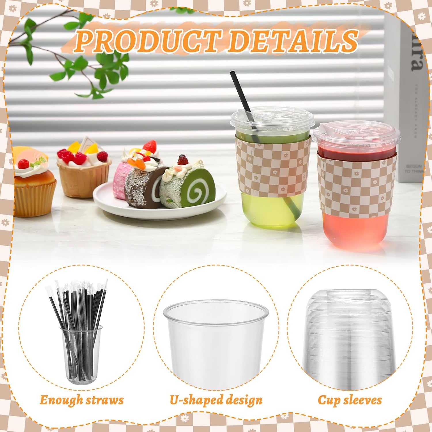 50 Sets 16 Oz Clear Plastic Coffee Cups with Lids Straws and Sleeves Disposable Iced Drinking Cups for Iced Coffee Cold Beverage Drink Shops Party Catering Travel Brown Checkerboard - Image 3