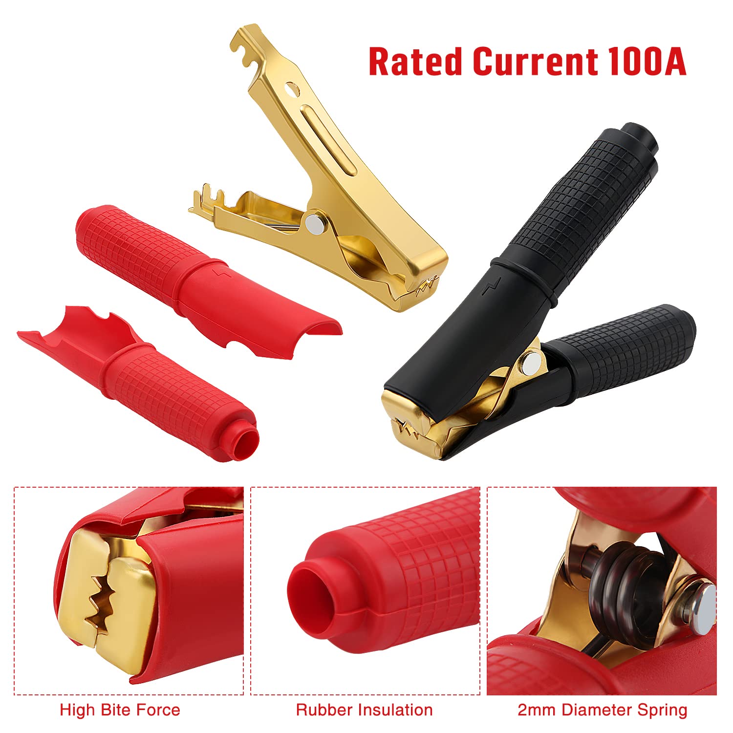 VooGenzek 4 Piezas 100A Pinzas de Cocodrilo, Clips de Cocodrilo Aislados, Abrazaderas de Carga de Cobre Puro, para Cable de Carga de Coche (90mm, Rojo + Negro)