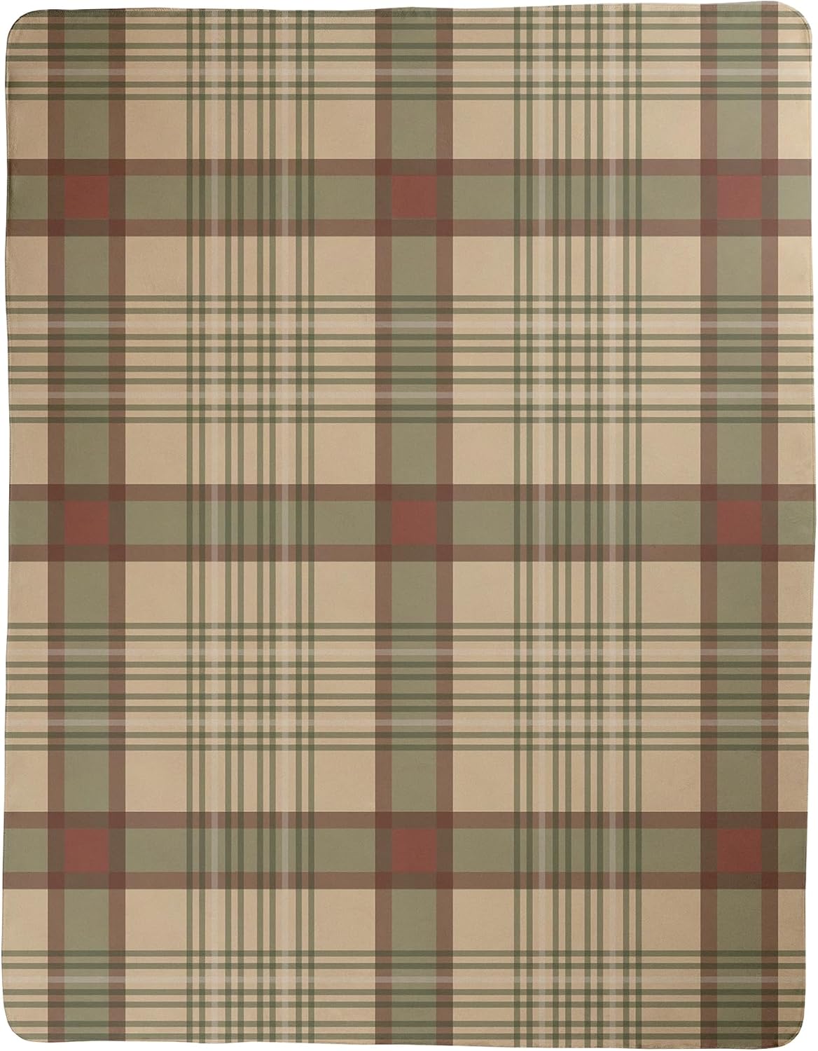FrameStory - Light Tan Cream Moss Green Plaid Throw Blanket, 60x80 Cozy Sherpa Fleece for Couch Sofa Throw, Tartan Pattern Cotton, Indoor Outdoor Living Room Blanket, Rust Red Maroon Beige