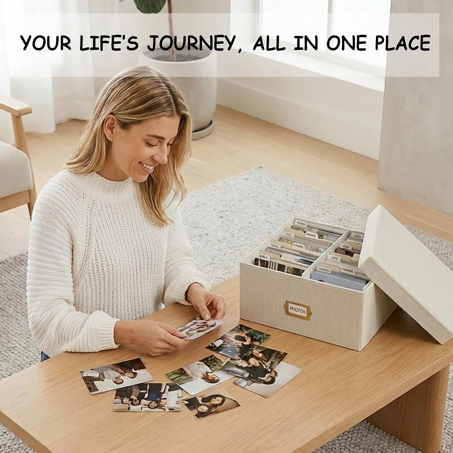 Decorative Photo Storage Box, Sturdy Linen Photo Organizer with Dividers & Envelopes, Holds Up to 1700 Pictures and 4x6 Photos, Keepsake Storage for Photos, Scrapbooks & Cards