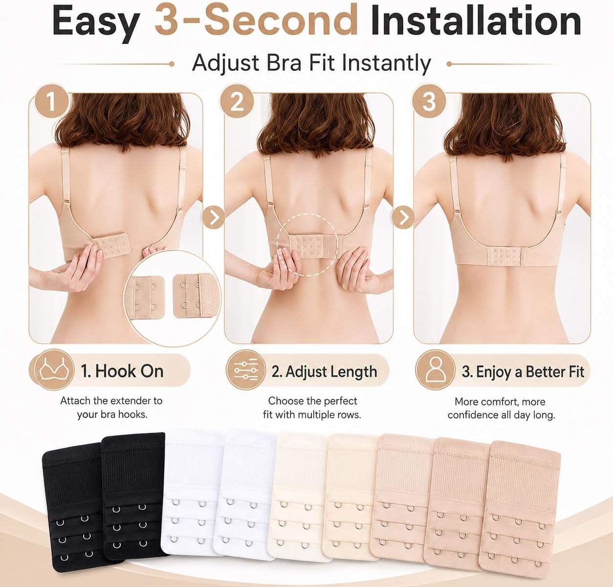 12 PCS Bra Extenders 3 Hooks, Elastic Extension Strap for Women, Comfortable and Soft Plus Size Bra Extender (Black, White, Nude, Beige)