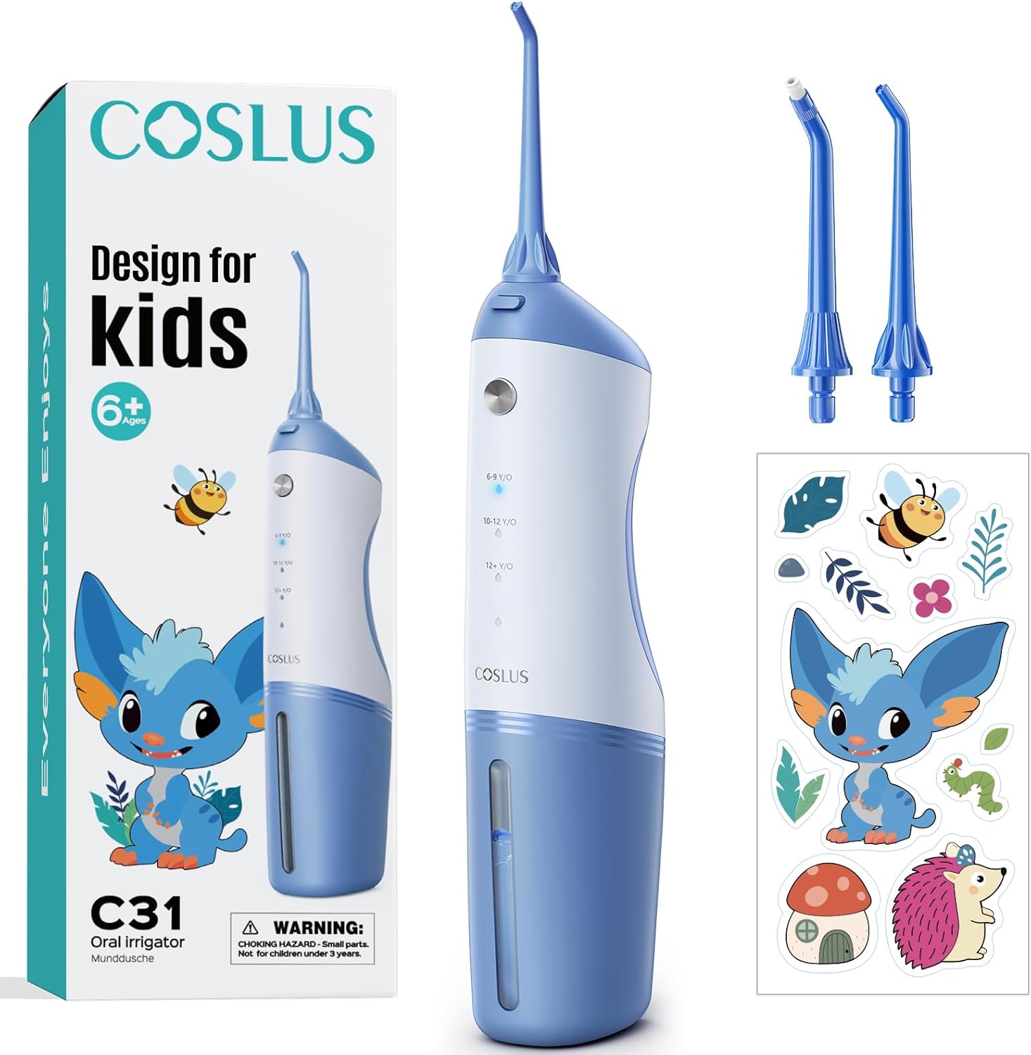 COSLUS C31 Kids Water Dental Flosser Deep Cleaning Picks Portable 4 Modes for Ages 6+ Safe Waterproof Rechargeable with 2 Jet Tips for Gums Care Pink Purple