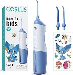 COSLUS C31 Cordless Water Flosser for Kids, Cute Water Dental Pick for Teeth, Braces, Gums Care - 4 Modes for Users Ages 6+, Safe & Gentle, Rechargeable, Waterproof, Portable for Travel, Blue White
