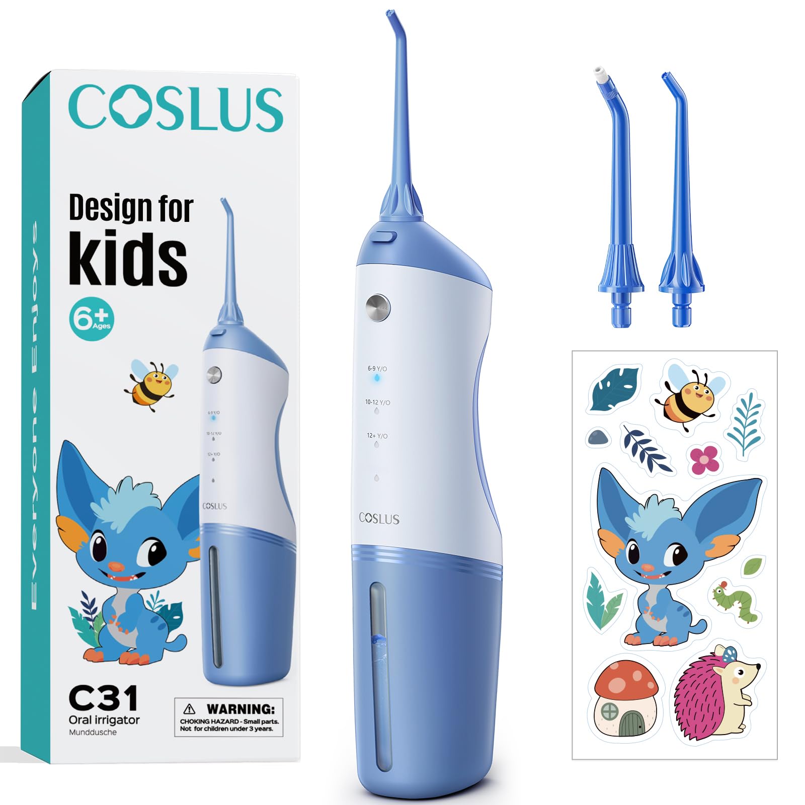 COSLUS Cordless Water Flosser for Kids, Cute Water Dental Pick for Teeth, Braces, Gums Care - 4 Modes for Users Ages 6+, Safe & Gentle, Rechargeable, Waterproof, Portable for Travel, Blue White, C31