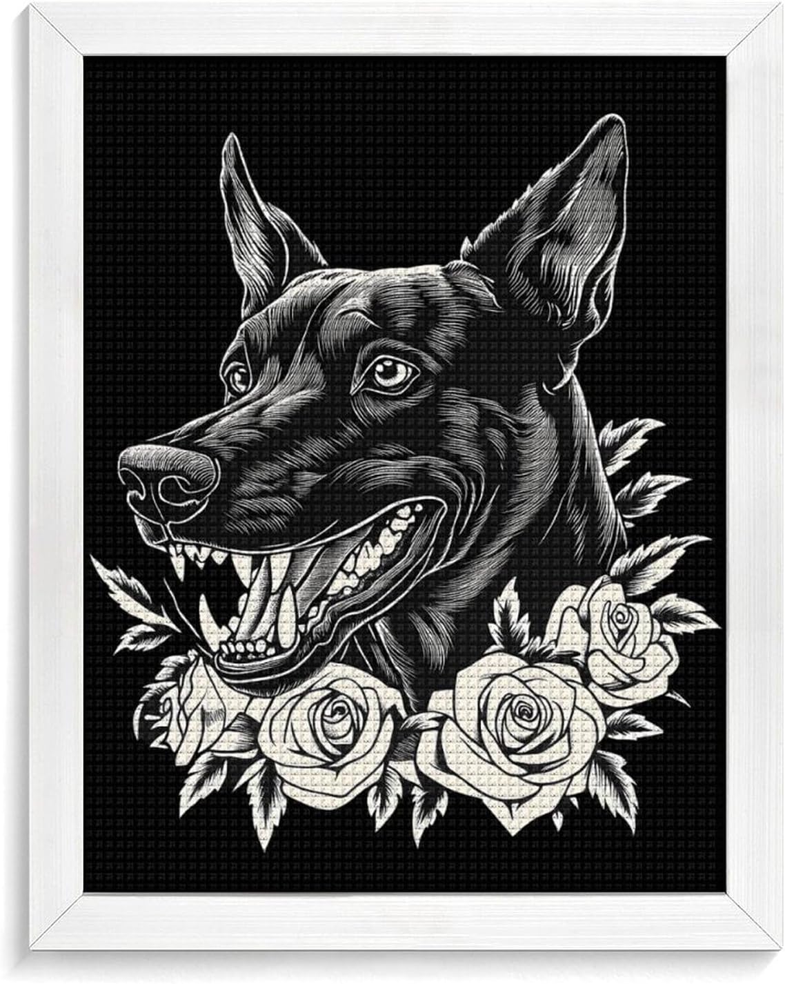 Doberman Dog And Roses Diamond 5D Painting Kits with Frame DIY Full Round Drill Gem Art Crafts for Home Wall Decor 16 X 20in White Wood 40 * 50cm