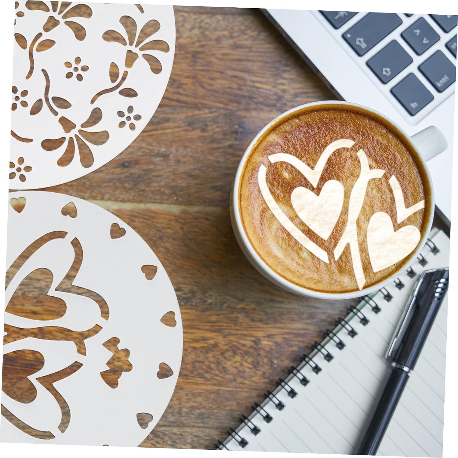 Beavorty 8pcs Cake Decorating Stencil Set, Hollow DIY Coffee Latte Art Mold, Food-Safe Plastic Dessert Template for Baking and Coffee Decoration