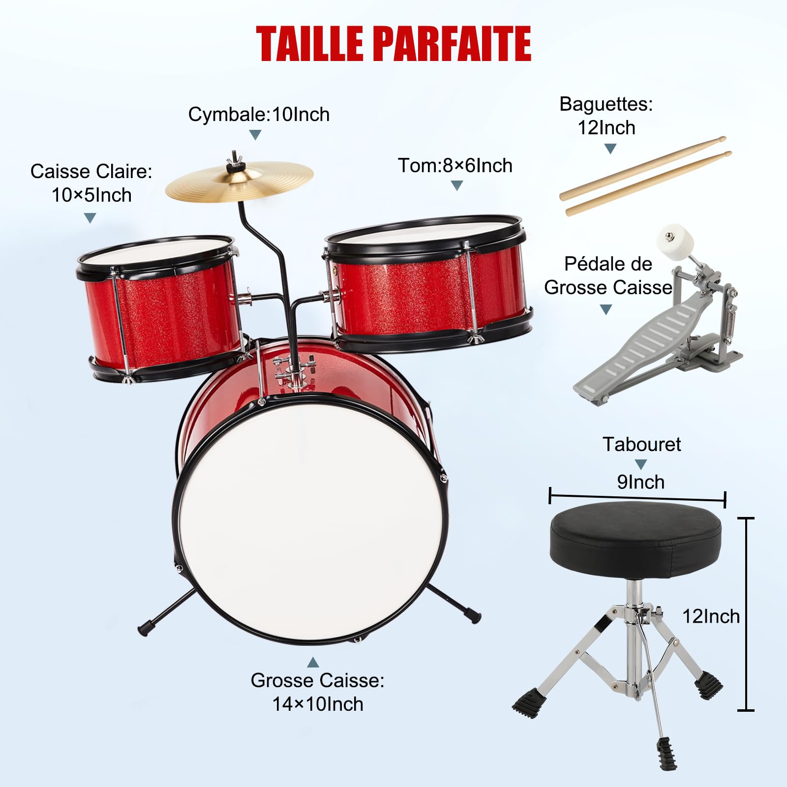 LEADZM Kit de Batterie pour Enfants 14", avec Tabouret, Pédale de Grosse Caisse et 2 Baguettes, Cymbale, Tom et Caisse Claire pour les 3 ans et plus (Rouge)