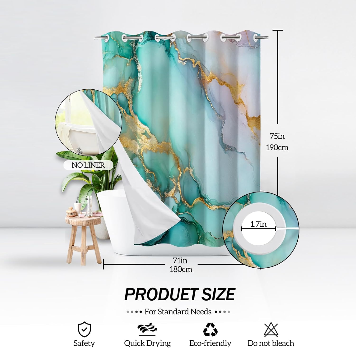Lnond Green Blue Marble Shower Curtain,Luxury Marble Waterproof No Hook Shower Curtain for Bathroom Spa Bathtub, 71W x74L(No Liner)
