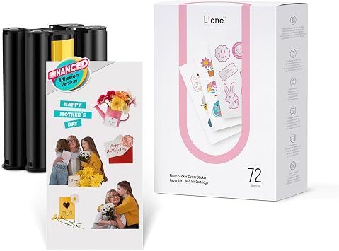 Liene Sticker Paper & Cartridge Enhanced Adhesion Version - Includes 2 Ink Cartridge Refills & 72 Sheets of 4x7" Printable Sticker Paper, Dye Sublimation, Compatible Only with Liene PixCut S1