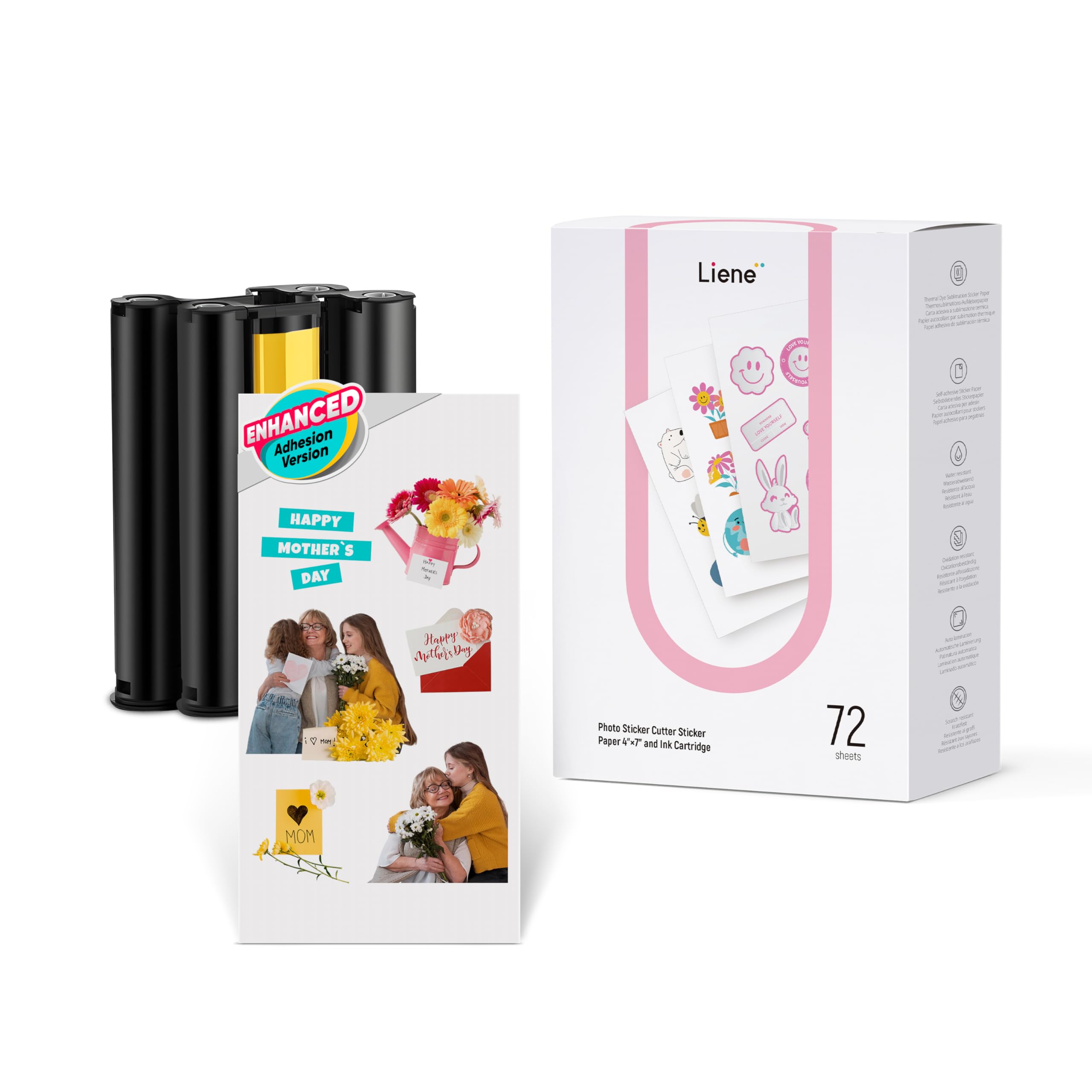 Liene Sticker Paper & Cartridge (Enhanced Adhesion Version) - 2 Ink Cartridge Refills & 72 Sheets 4x7" Photo Paper, Dye Sublimation Waterproof, Compatible with Liene PixCut S1