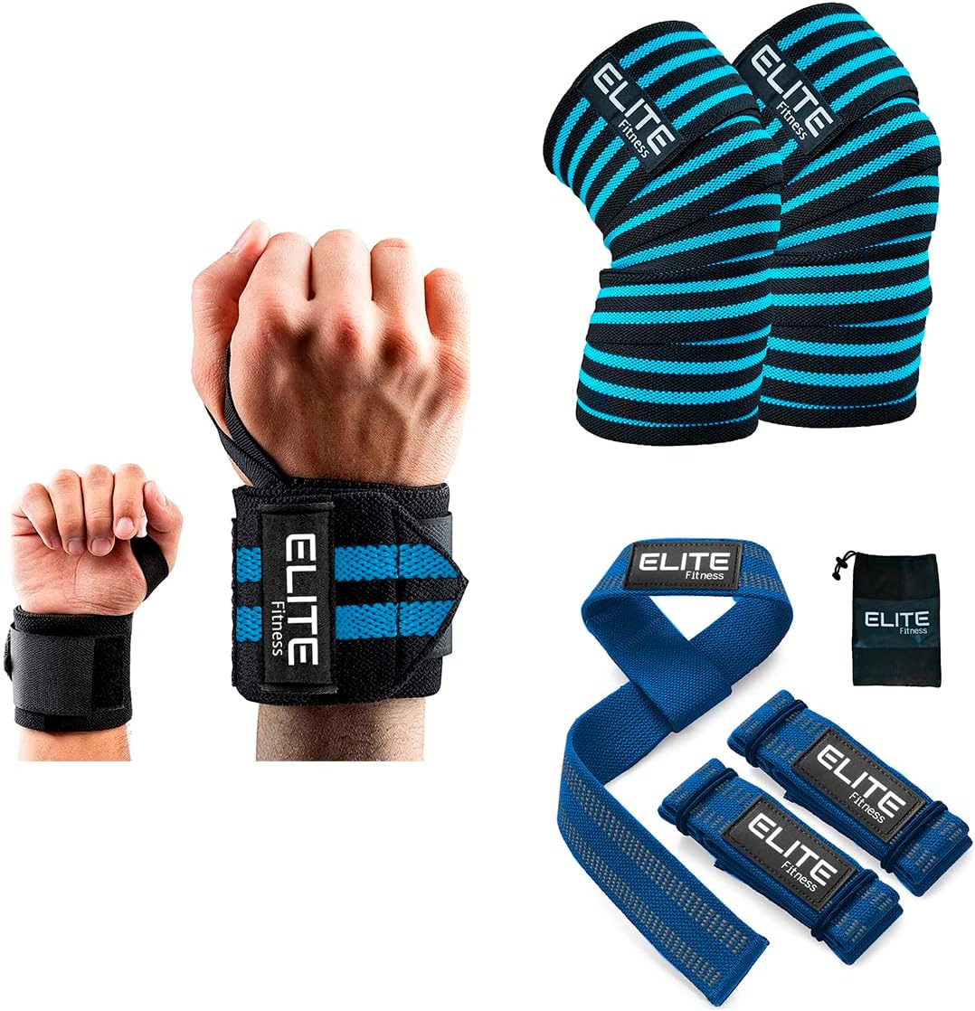 Elite Fitness Paquete con Vendas para Rodilla, muñequeras, y Straps