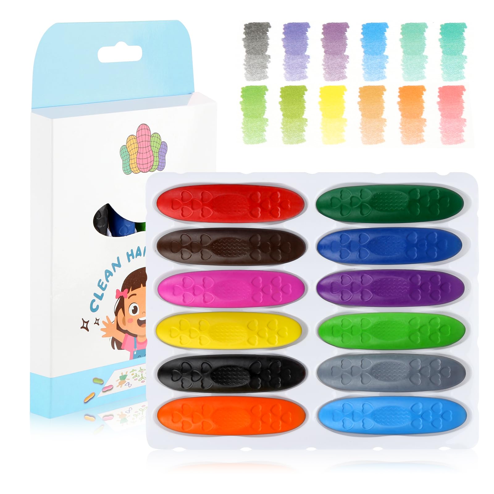 Gemtte Pastelli a cera di arachidi dai 3 anni in su, per bambini, 12 colori, non tossici, facili da tenere, lavabili a forma di cuore, per bambini e malto