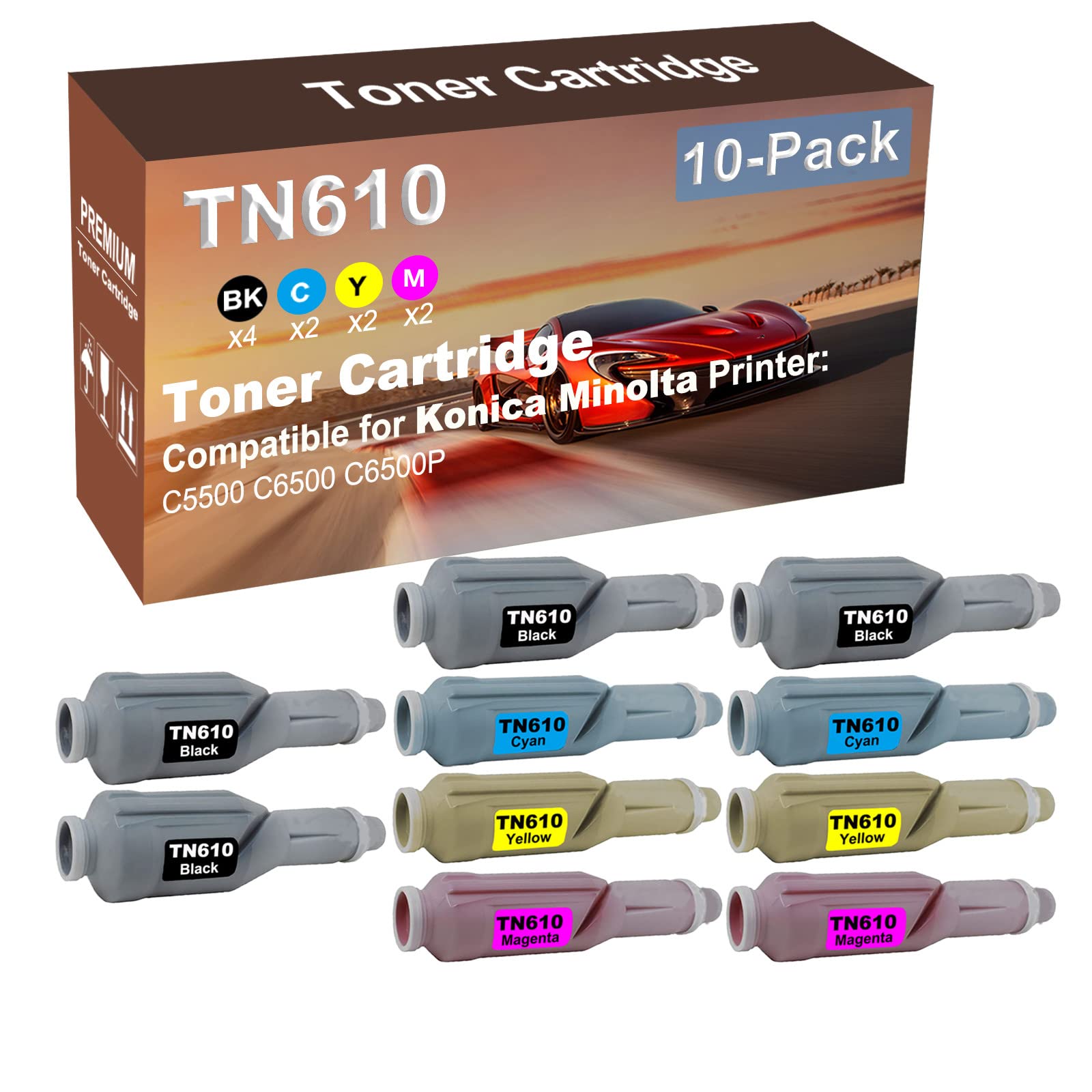 10-Pack (4BK+2C+2Y+2M) Compatible High Yield TN610 (TN610K+ TN610C+ TN610Y+ TN610M) Laser Printer Toner Cartridge Used for Konica Minolta BizHub C5500, C6500, C6500P Printer