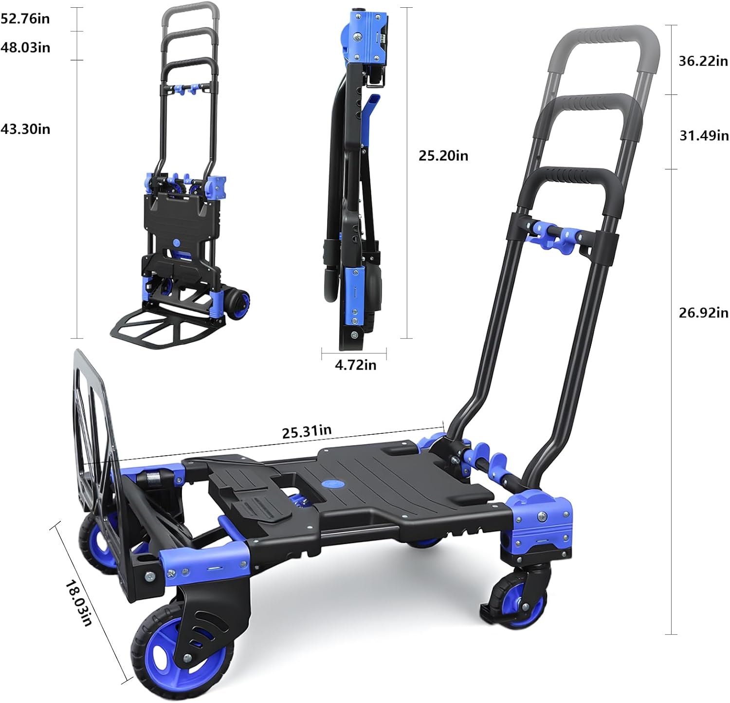 2 in 1 Folding Hand Truck,330lbs Capacity Heavy Duty Hand Truck,with Telescoping Handle and Rubber Wheels,Portable Dolly Cart with Bungee Cords for Moving,Travel,Shopping
