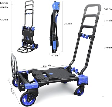 2 in 1 Folding Hand Truck,330lbs Capacity Heavy Duty Hand Truck,with Telescoping Handle and Rubber Wheels,Portable Dolly Cart with Bungee Cords for Moving,Travel,Shopping