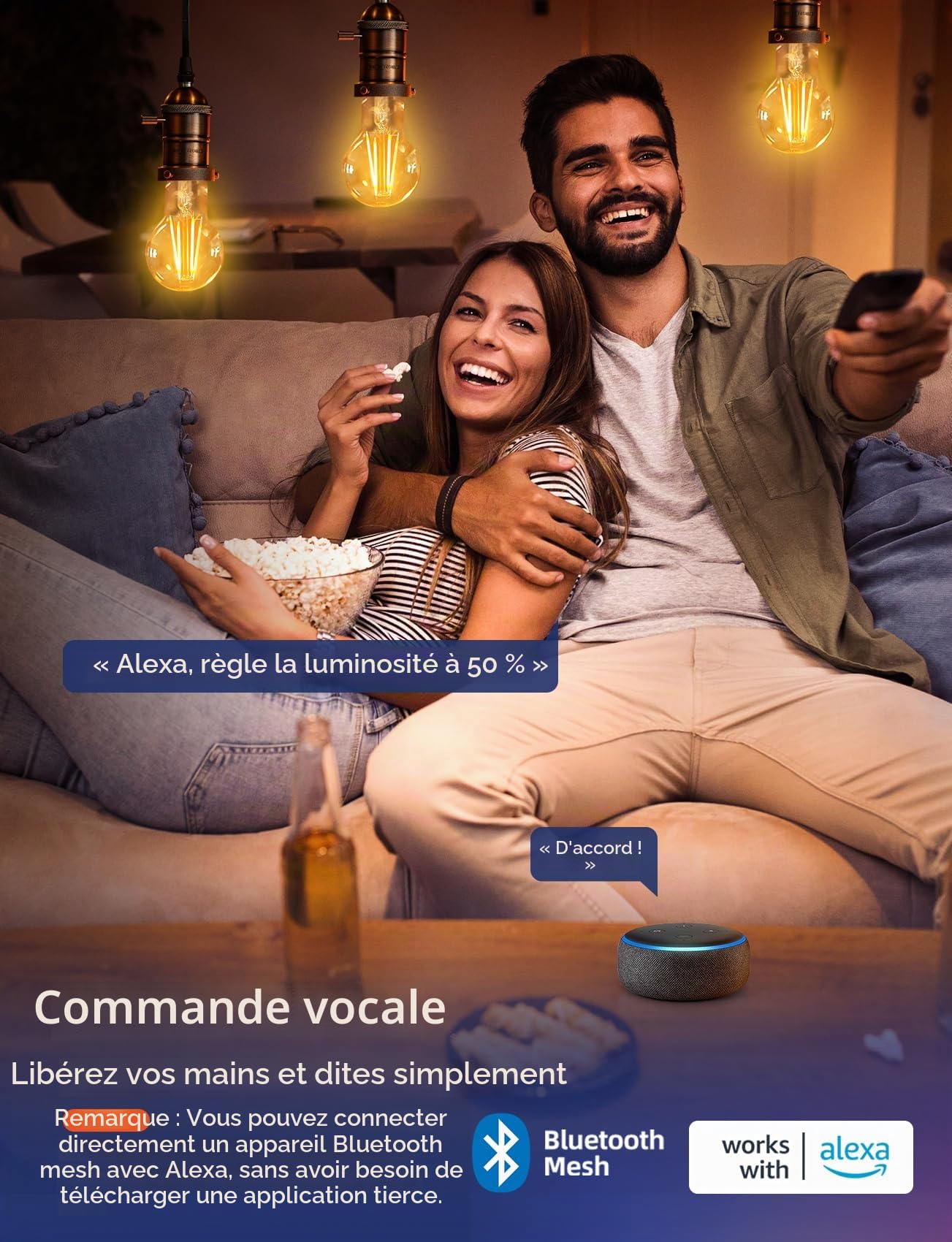 Aigostar Mesh - Ampoule Connectée Bluetooth Mesh A60, Edison Vintage Lampe à Filament LED Dimmable 6W 806LM Blanc Chaud 2700K-6500K, Compatible avec Alexa/Google Assistant, 6 Unité (avec Télécommande)