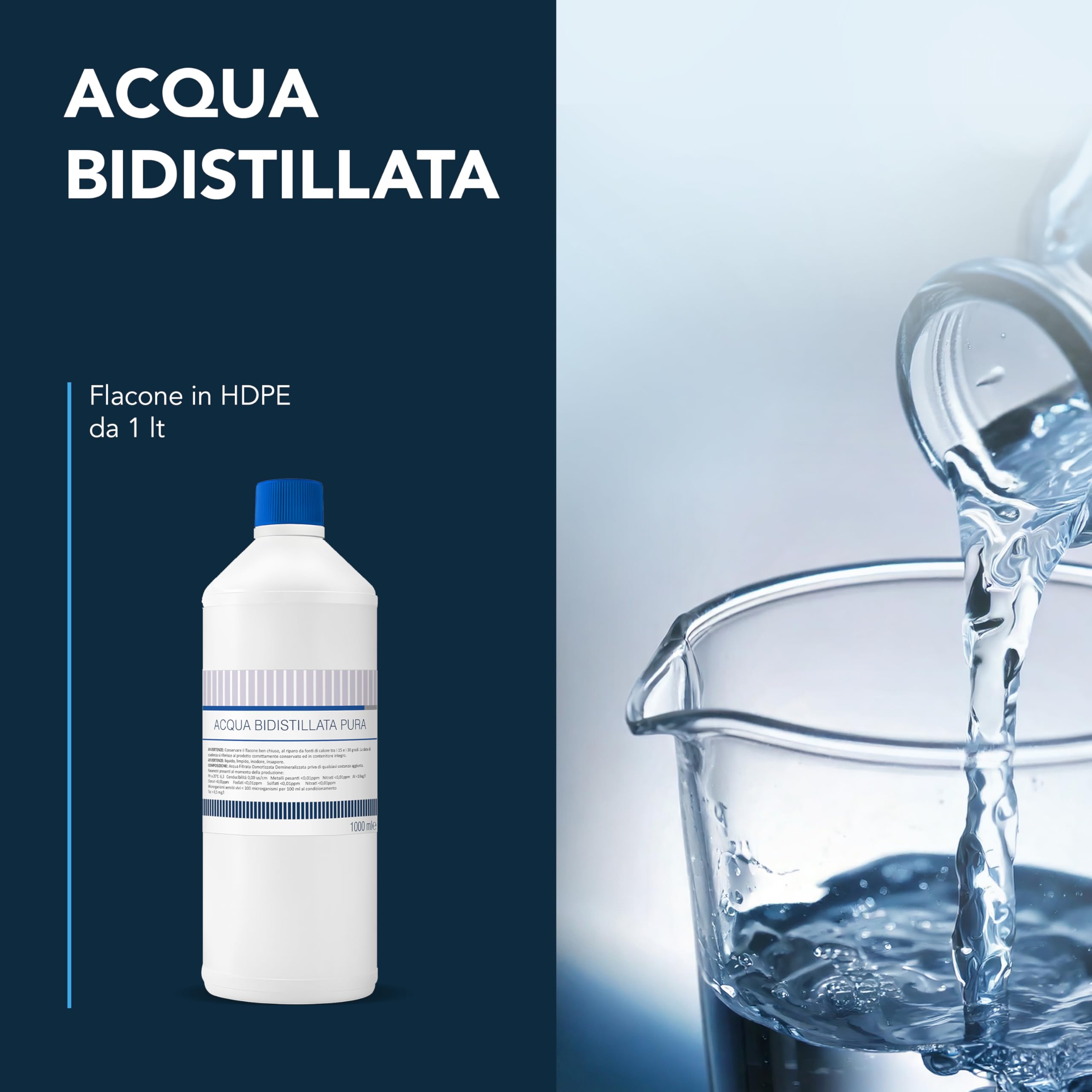 Acqua Bidistillata pura per uso clinico ed industriale 2 flaconi da 1 litro, Distillata due volte, Demineralizzata, Made in Italy
