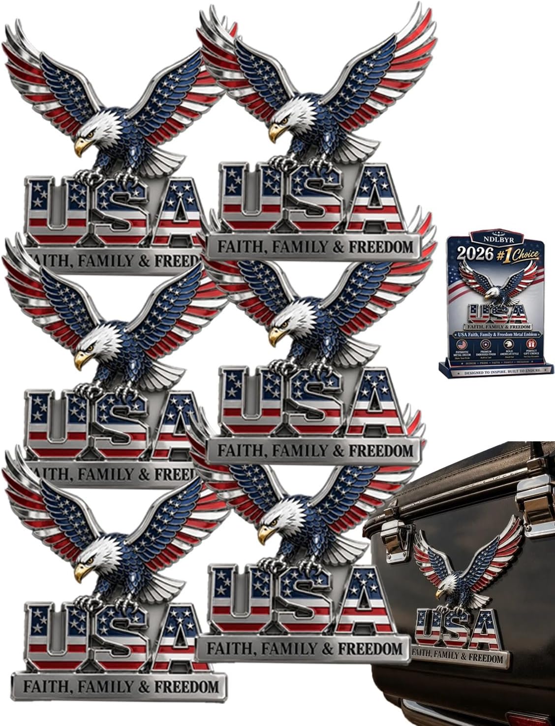 USA Faith, Family & Freedom Metal Emblem 3D Metal American Flag Patriotic Car Decal Badge Edition Auto Emblem for Trucks SUVs Toolboxes Lockers Man Caves Exterior Accessories(5pcs)