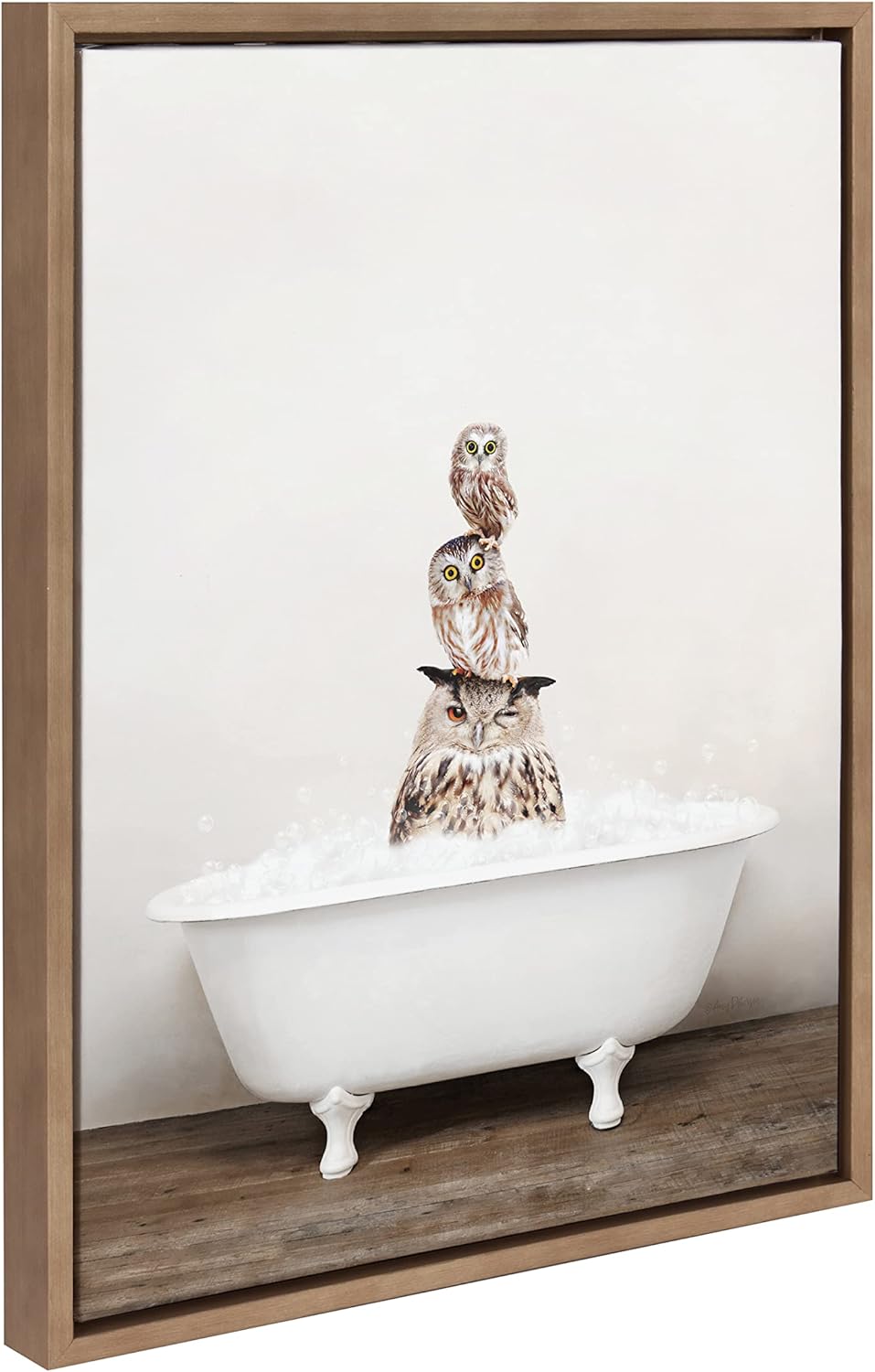 Kate and Laurel Sylvie Stacked Owls in Rustic Bath Framed Canvas Wall Art by Amy Peterson Art Studio; 18x24 Gold; Modern Fun Decorative Bathtub Wall Art for Home Décor