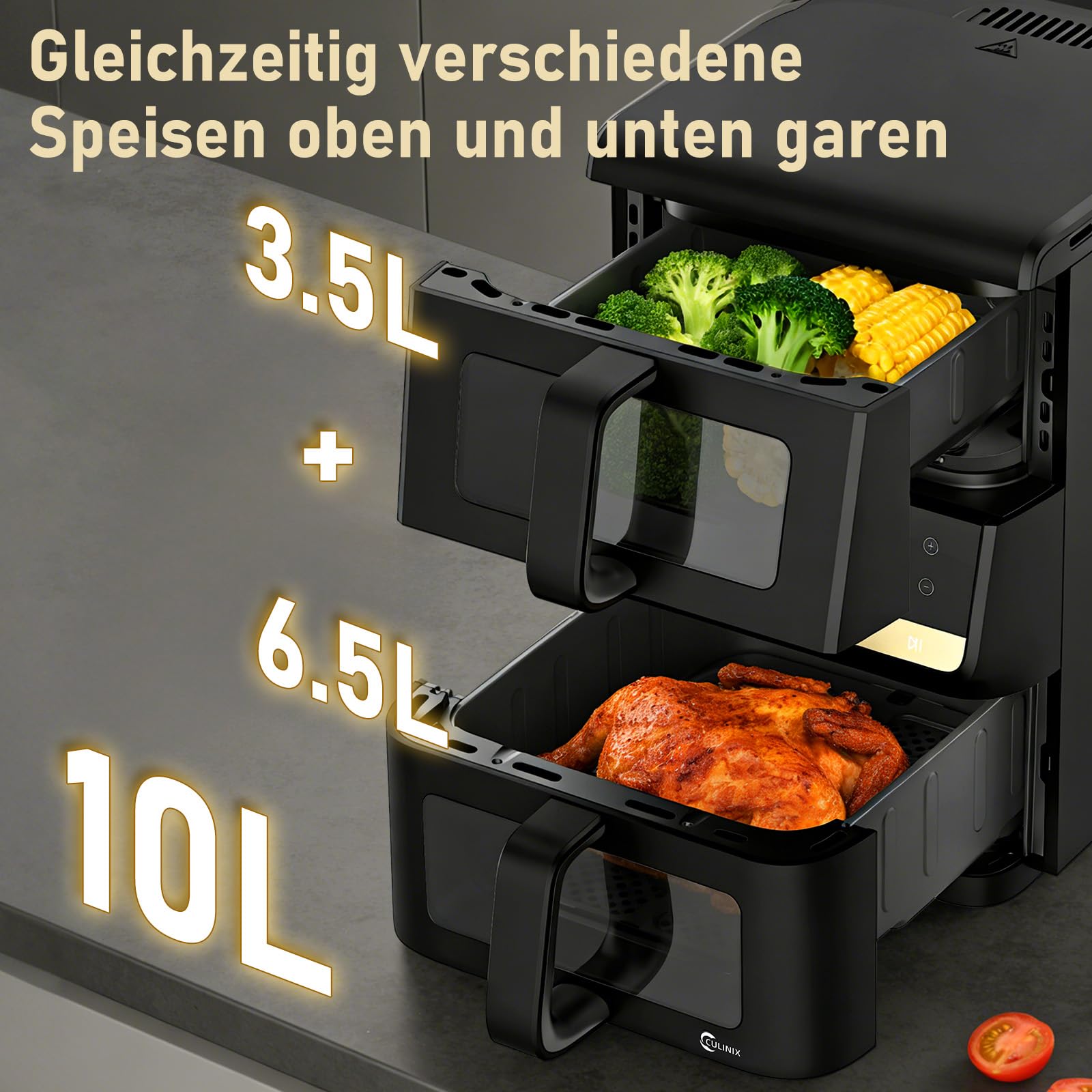 Doppelkammer Heißluftfritteuse 10L, 2500W, 2 Sichtfenster