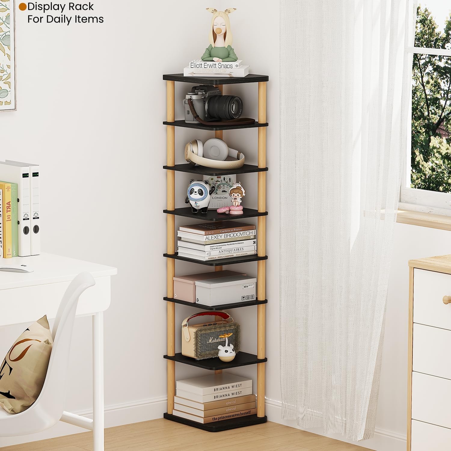 LUCKNOCK Vertical Shoe Rack, 8-Tier Tall Narrow Shoe Organizer for Entryway, Closet, Dorm & Small Spaces, Freestanding Wooden Shoe Shelf Tower for Boots, Sneakers, Heels. (Black)