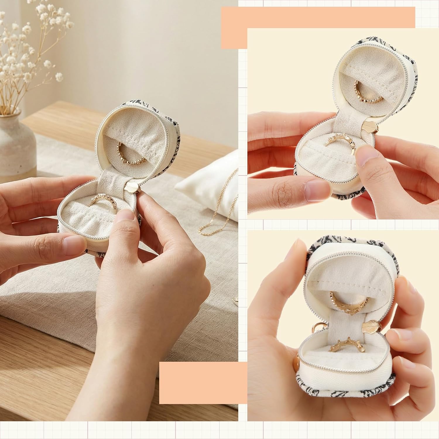 Nosiny 6 Pack Small Travel Ring Holder Keychain Portable Earring Jewelry Box Case Gym Sports Ring Organizer Gifts for Women(White,Black)