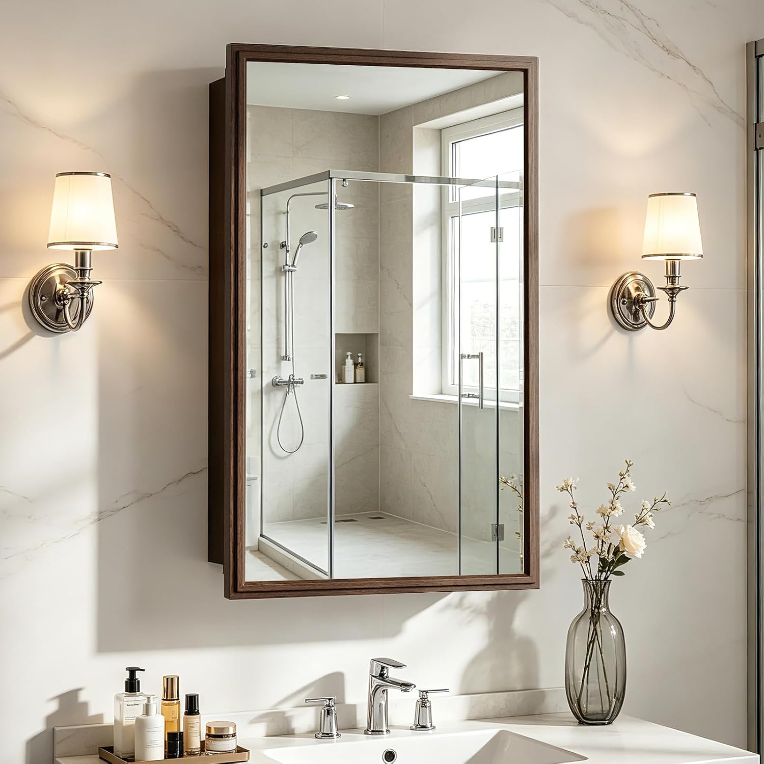 Recessed Medicine Cabinet Mirror with Storage,Brown Aluminum Medicine Cabinet Frame Mirror,Tempered Glass,Mount Recessed Mount Bathroom Vanity Modern Farmhouse (16x26)