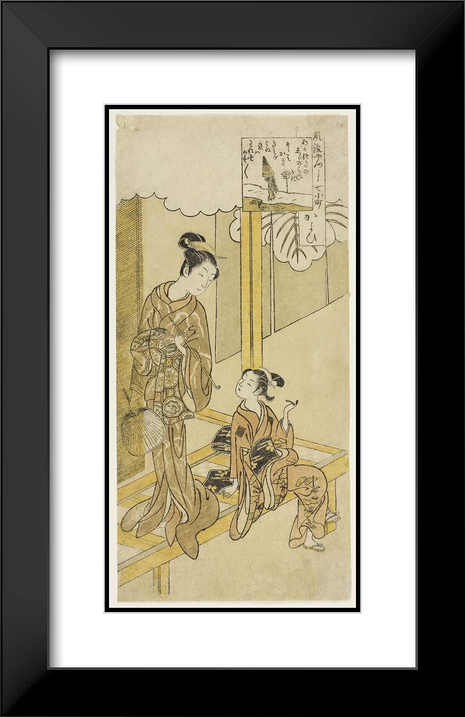 ArtDirect Suzuki Harunobu 16x24 Black Modern Framed and Double Matted Art Print Titled Visiting (Kayoi), from The Series The Seven Fashionable Aspects of Komachi (Furyu yatsushi Nana Komachi)