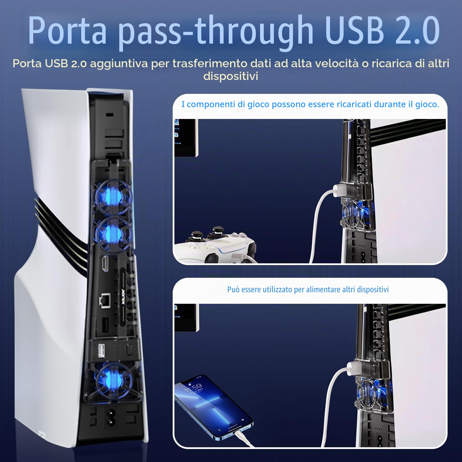 Accessori di Raffreddamento per PS5 Pro/PS5 Slim Ventola di Raffreddamento con Luce LED e Velocità Regolabile,Rilevamento Automatico Della Temperatura,Porta USB Extra