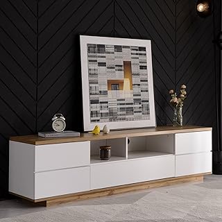KOMHTOM Armario de TV en color blanco y madera, aparador con cinco puertas y dos compartimentos abiertos, armario multiusos resistente y liso para el salón y el dormitorio.(B)