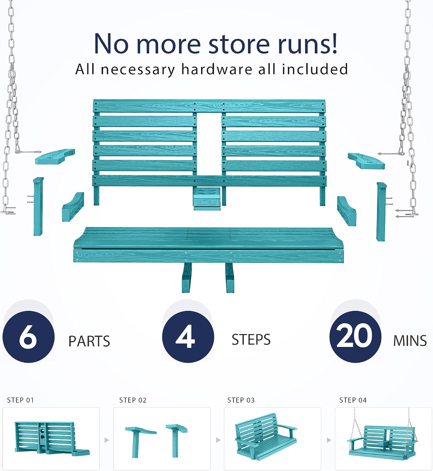 KINGYES Outdoor Hanging Porch Swing, 2 Seat Patio Swing Recliner with Cup Holders, Waterproof Swing Recliner Bench for Courtyard & Garden, 660LBS Weight Capacity, Aruba Blue
