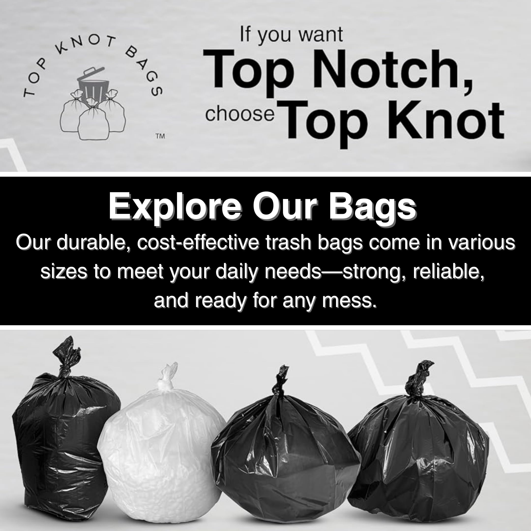 Top Knot Bags Bolsa de basura de 45 galones, 40 x 46 pulgadas, 1.5 mil, color negro, 100 unidades, 40 galones, 41 galones, 42 galones, 43 galones y 44 galones, fabricada en Estados Unidos