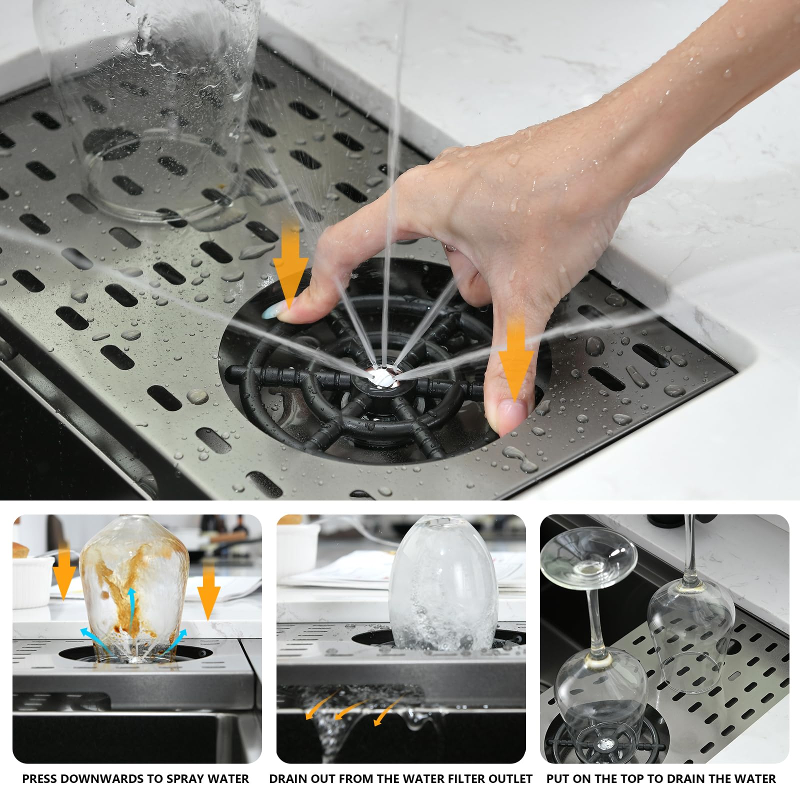 VCCUCINE Schwarze Unterbau-Barspüle Aus Edelstahl – 58,9x35,6 Cm, Mit Glasspüler, Schneidebrett & Sieb