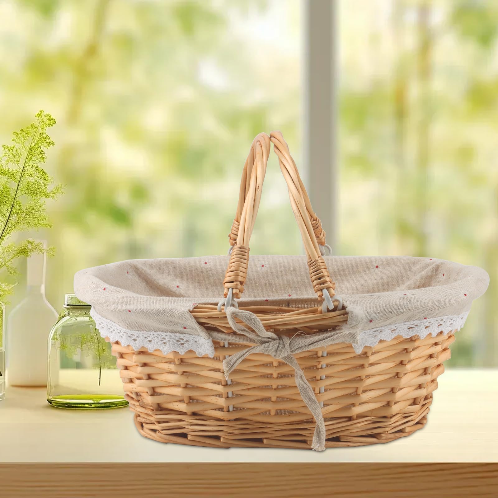 MUKCHAP 2 cestini da picnic ovali in vimini, 32 x 23 x 12 cm, in vimini intrecciato, con rivestimento con manico pieghevole, per picnic